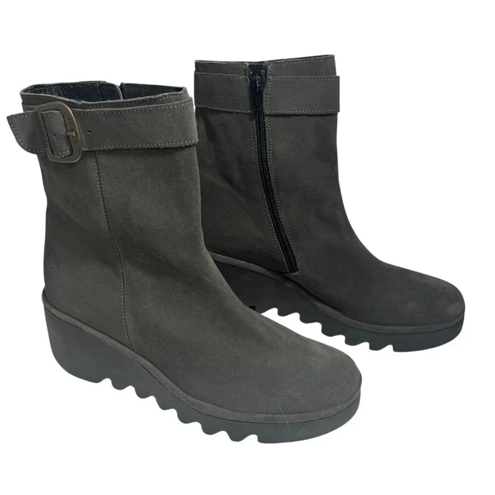 Fly London Bepp Gray Suede Wedge‎ Mid-calf  Zipper Boots size 42/10 NEW $295